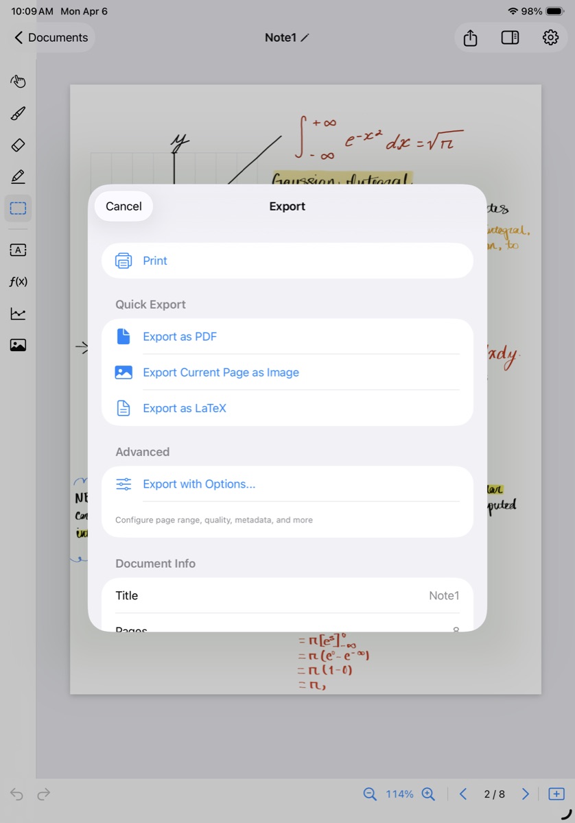 Axiomika export menu showing PDF, Image, and LaTeX export options