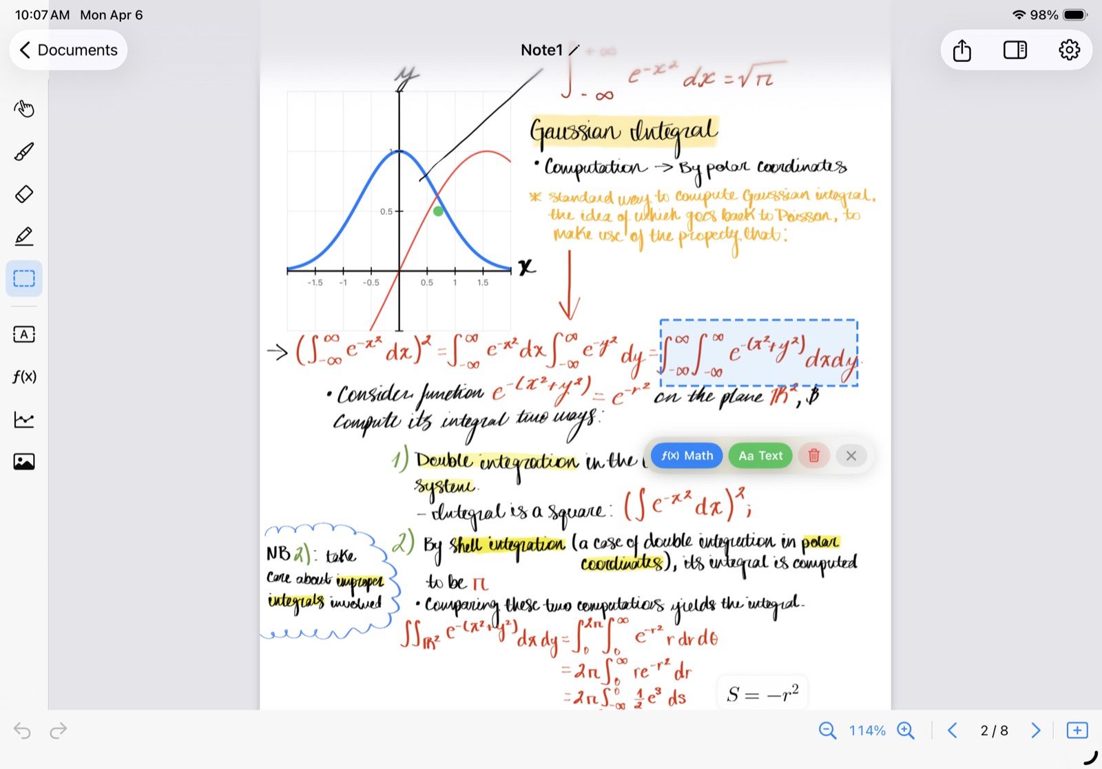 Axiomika app showing handwritten Gaussian integral notes with math recognition