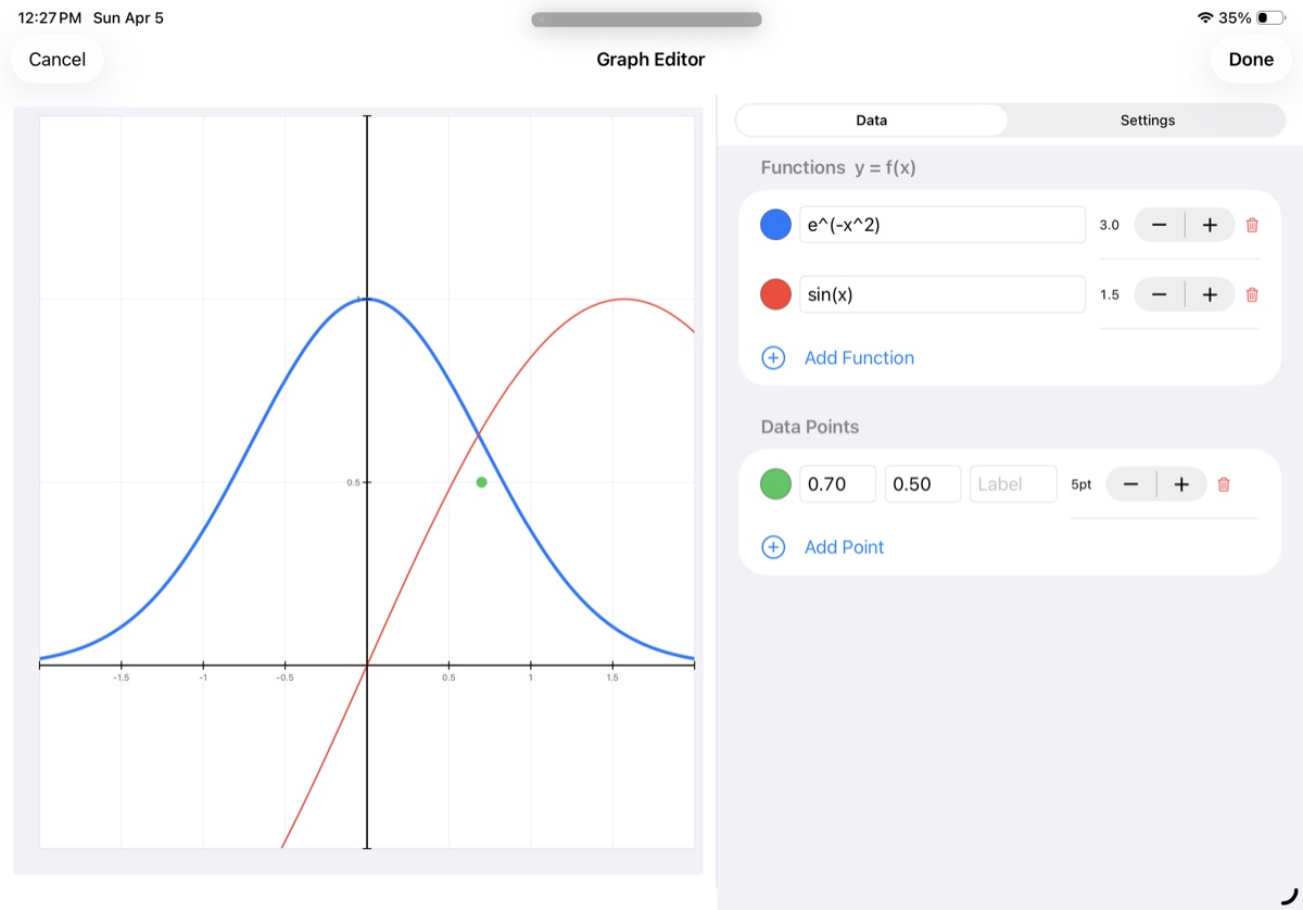 Axiomika graph editor with e^(-x^2) and sin(x) curves plotted with data points