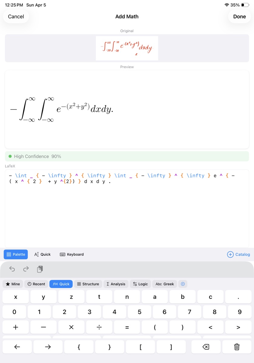 Axiomika math recognition showing handwritten integral converted to LaTeX with 90% confidence