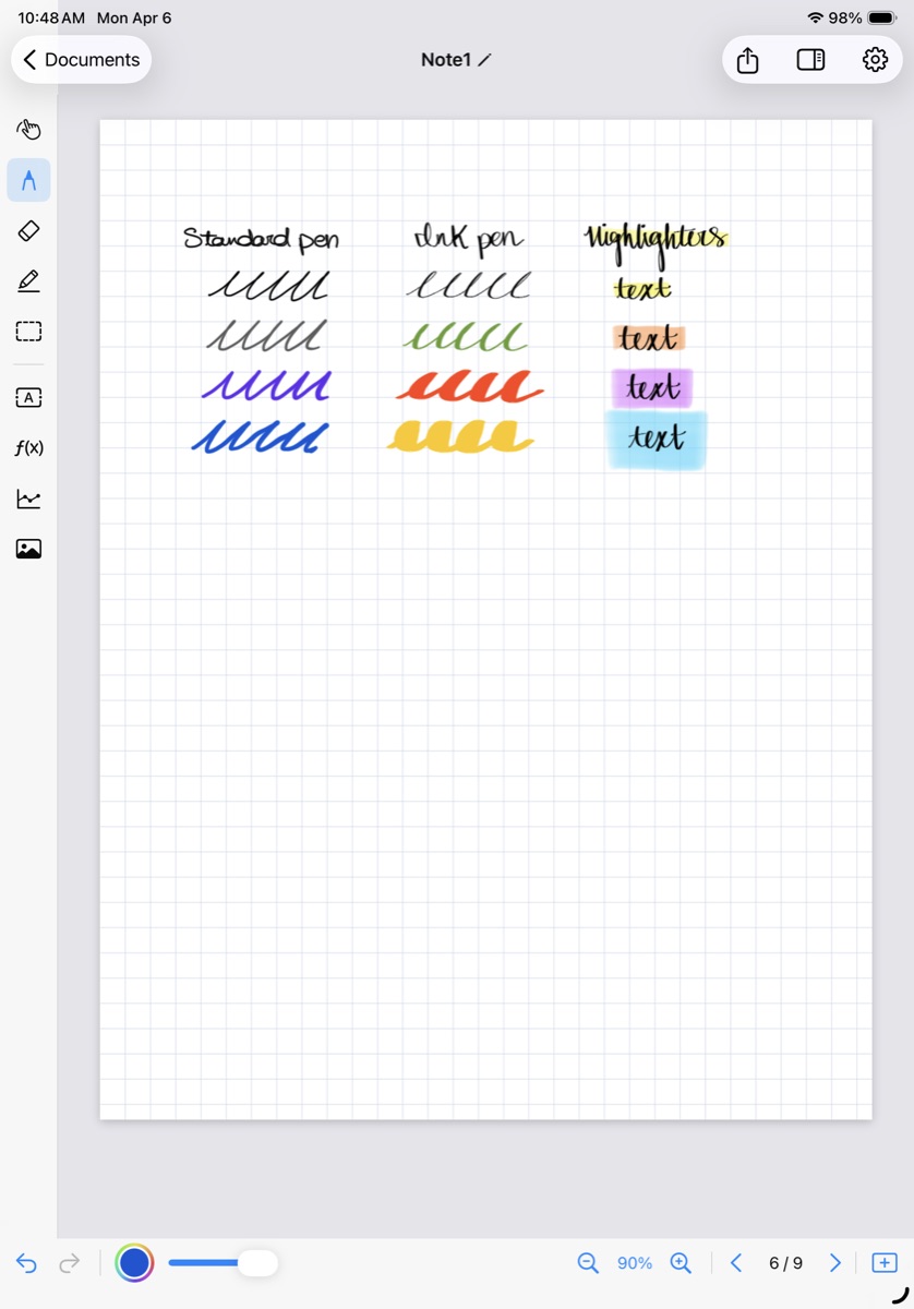Axiomika drawing tools showing Standard pen, Ink pen, and Highlighter with various colors